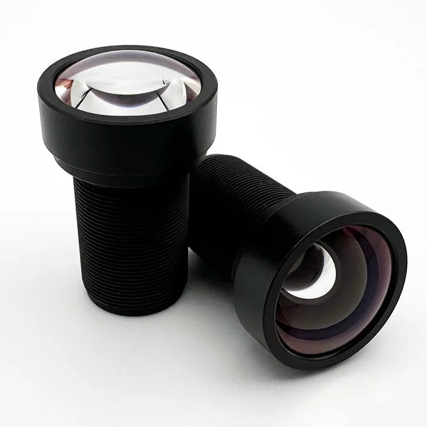 Two Commonlands CIL085 8mm M12 board lenses on a white background, one upright showing the M12 thread and one on its side showing the coated front element