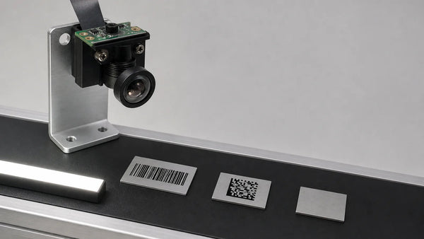 A board-level M12 camera reads 1D barcodes and Data Matrix codes on a conveyor