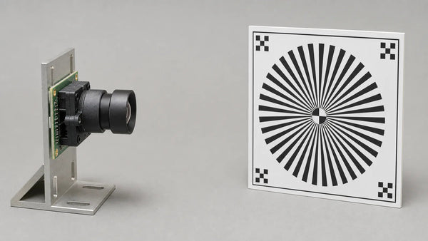 An M12 lens frames a rectangular target, showing the camera field of view at working distance