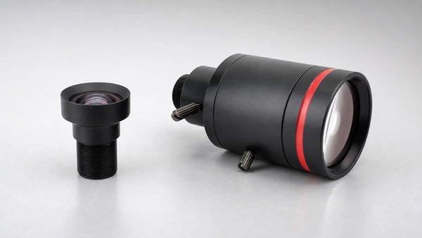 A fixed focal length lens beside a larger varifocal lens with two adjustment rings
