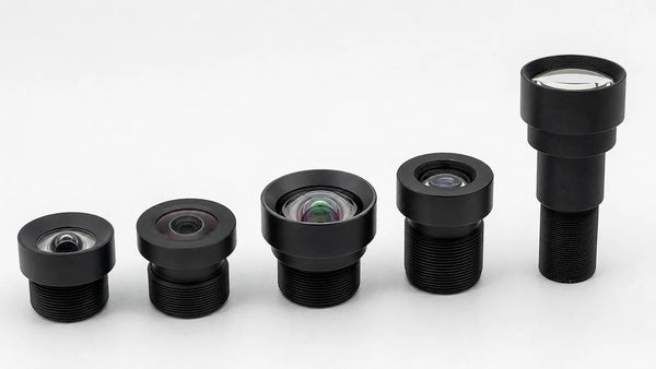 Five M12 lenses arranged from short wide-angle to long telephoto by focal length