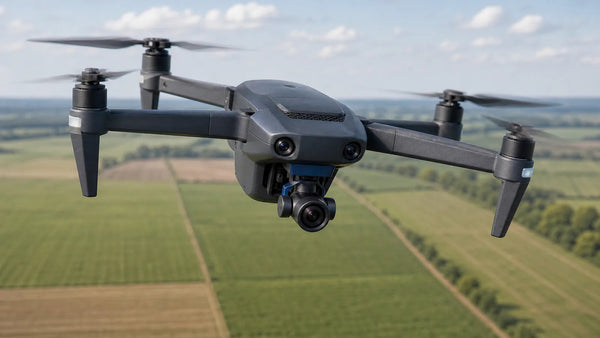 A quadcopter drone in flight carrying a gimbal camera with an M12 lens over farmland
