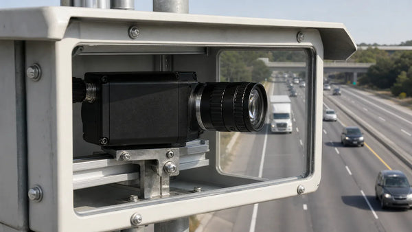 A traffic camera in a weatherproof housing with a telephoto C-mount lens over a highway
