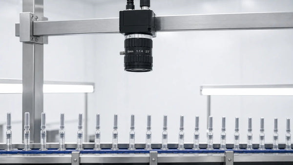 A machine vision camera with a C-mount lens inspecting glass syringes on a sterile line