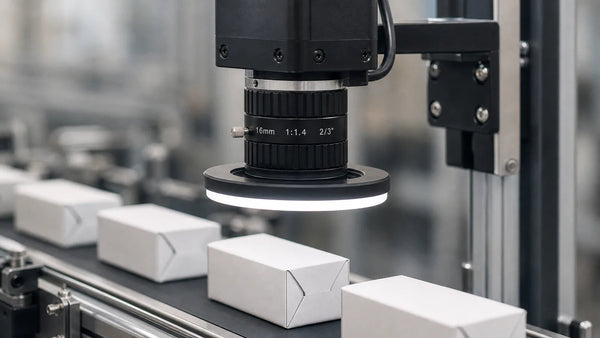 An overhead camera with a C-mount lens and ring light inspecting parts on a conveyor