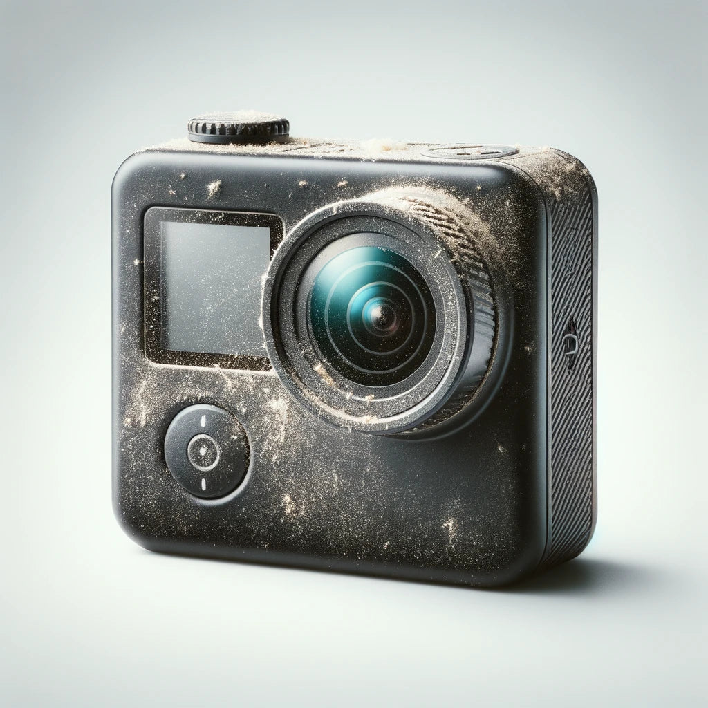 A dirty action camera lens covered in dust and smudges