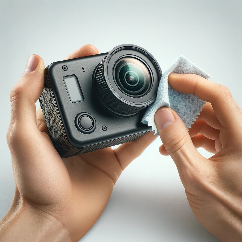 Cleaning a camera lens with lens solution and a microfiber cloth