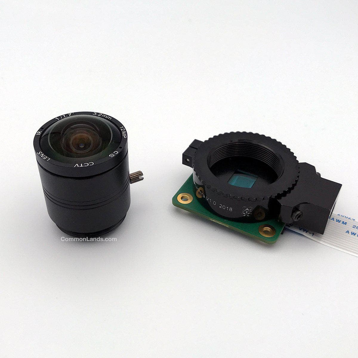 The CommonLands CIL03.2-F1.8-CSNOIR 3.2mm EFL lens is pictured next to the Raspberry Pi HQ Camera.
