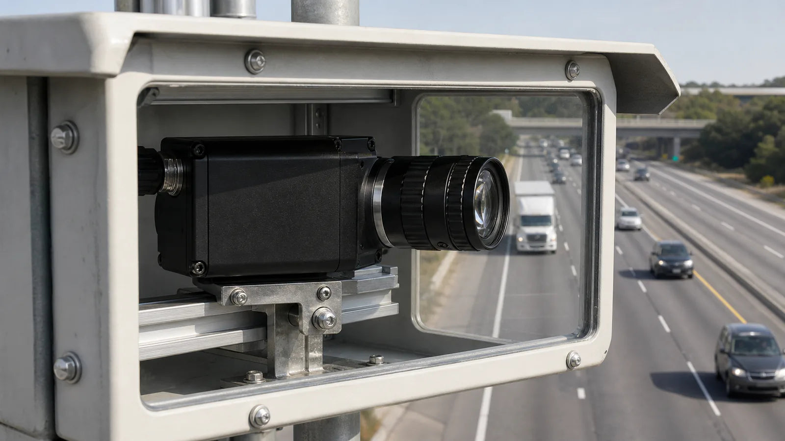 A traffic camera in a weatherproof housing with a telephoto C-mount lens over a highway