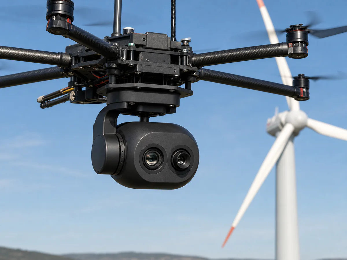 A mapping drone over crop rows with a downward-facing M12 survey camera