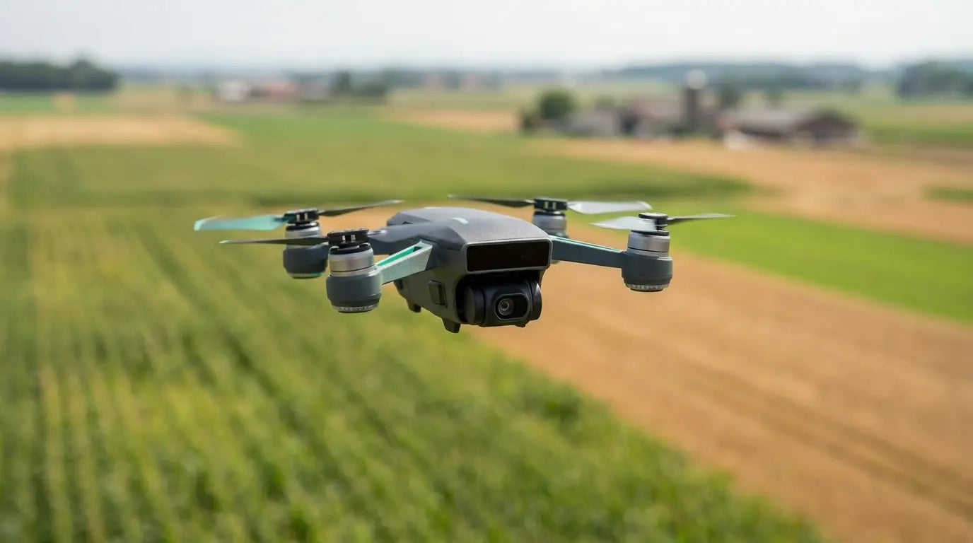 A survey drone with a downward-facing M12 camera lens flying a mapping pattern