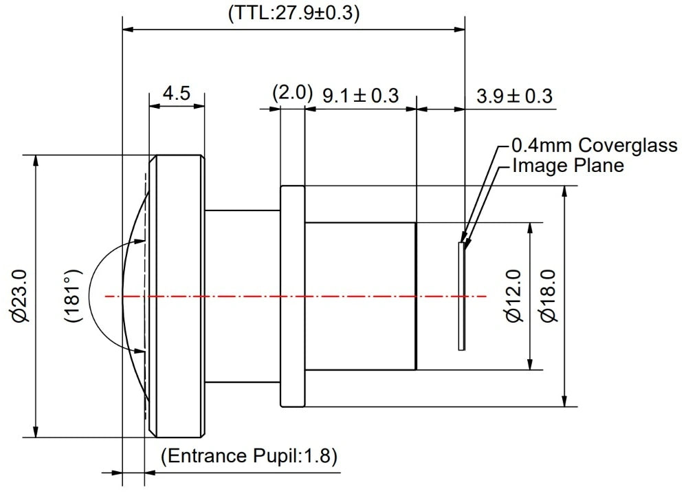 Dimensioned lens drawing showing 27.9mm total track, a 181 degree field, a 2.0mm mounting flange, and the image plane 3.9mm behind the barrel with a 0.4mm coverglass