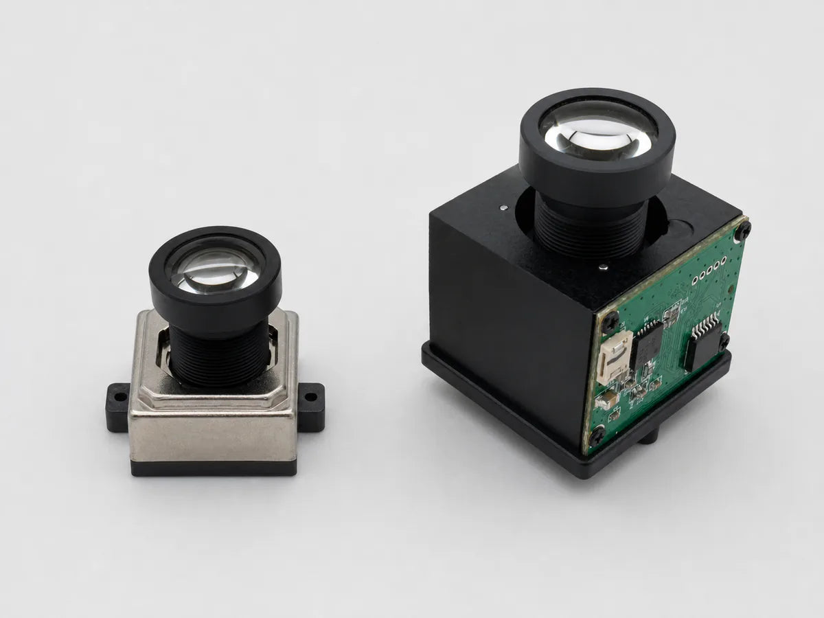 Two Commonlands M12 autofocus mounts, a voice-coil actuator beside a larger piezoelectric one