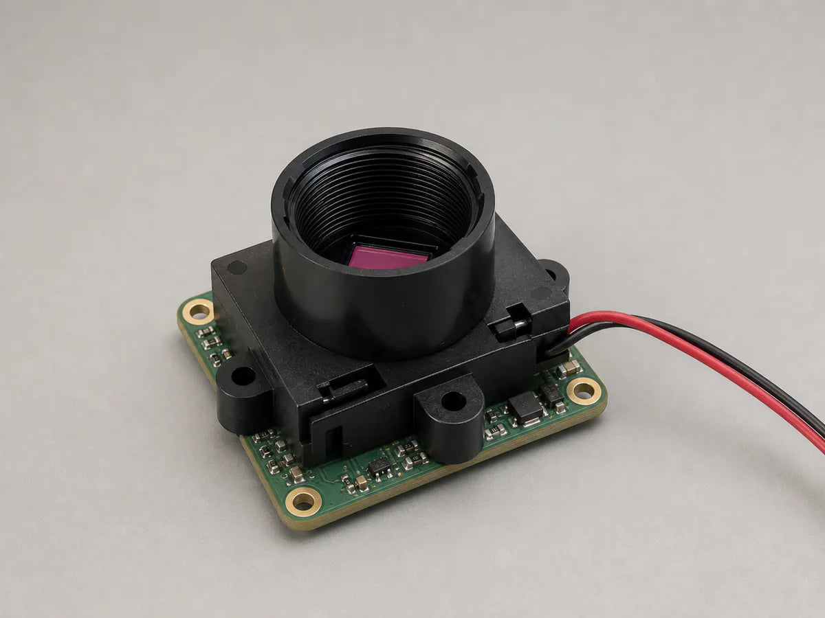 A Commonlands IR-cut filter switcher module with two glass windows beside a bare CMOS sensor