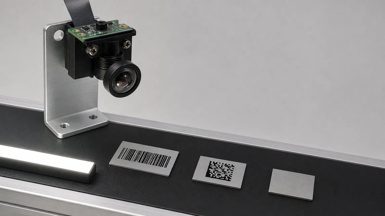 A board-level Commonlands M12 camera reads 1D barcodes and Data Matrix codes on a conveyor