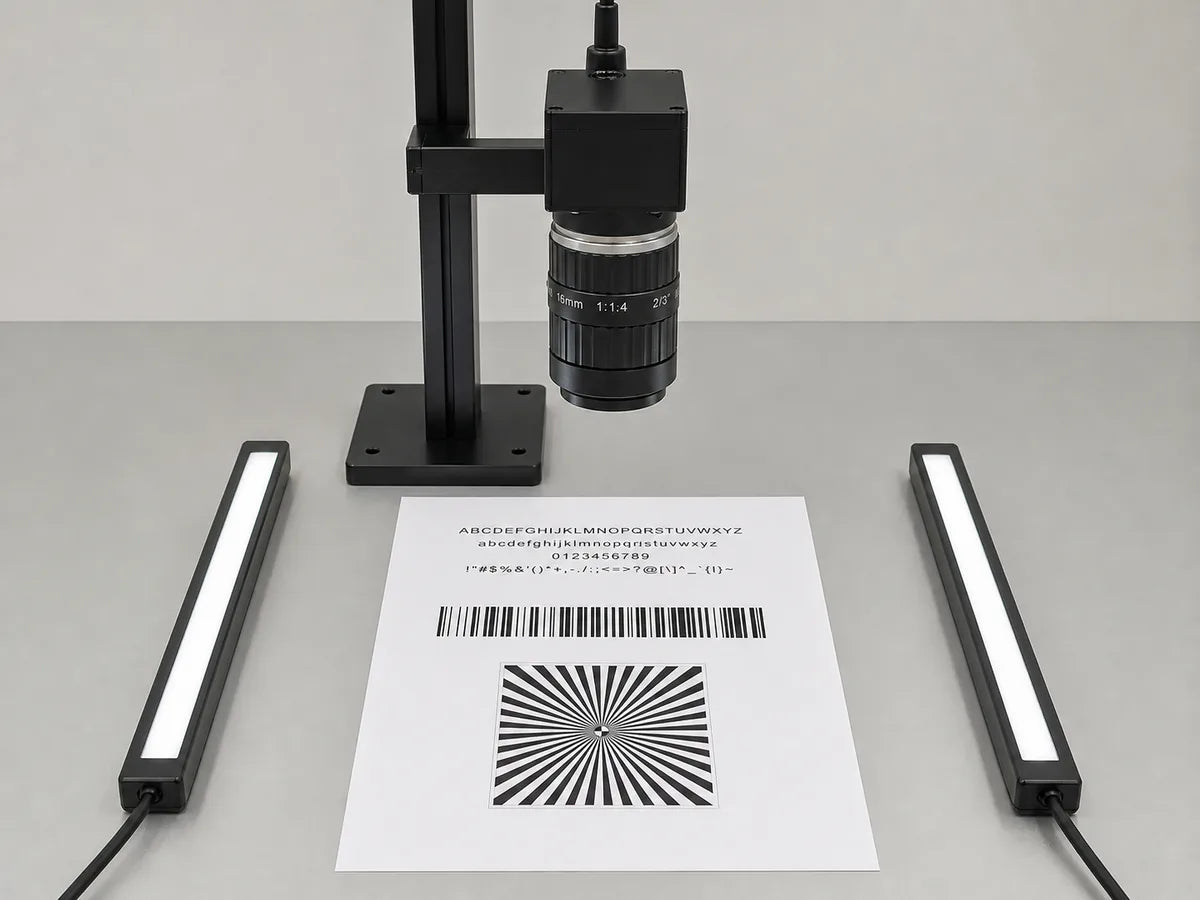 An overhead Commonlands M12 camera images a printed page for document scanning and OCR
