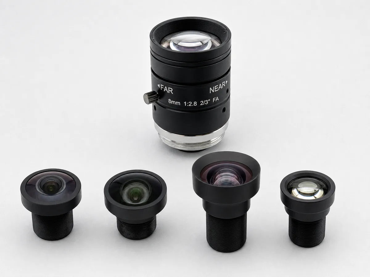 Five Commonlands M12 lenses of increasing focal length arranged as a ladder on gray