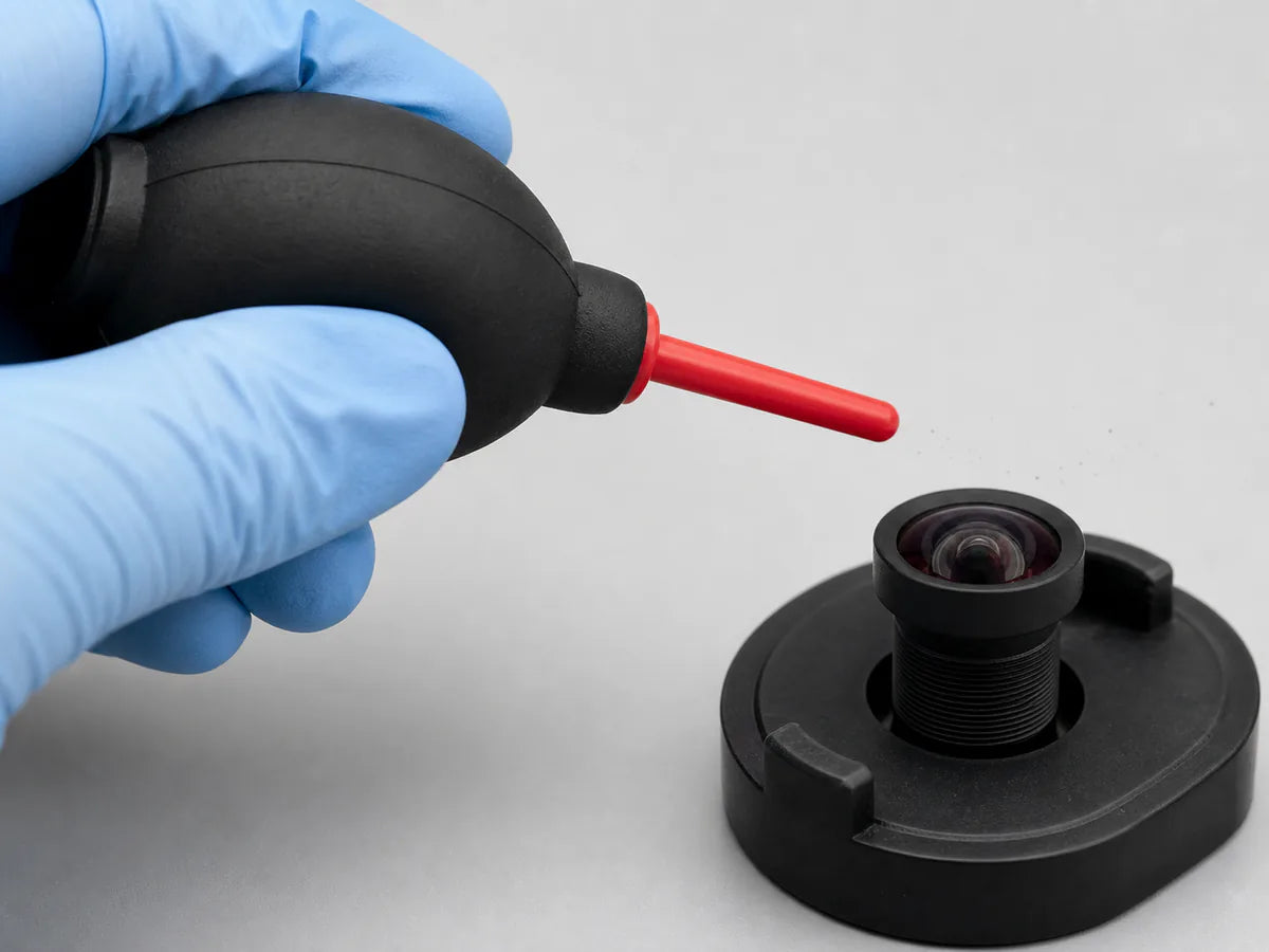 A gloved hand uses an air blower to lift dust off an M12 lens