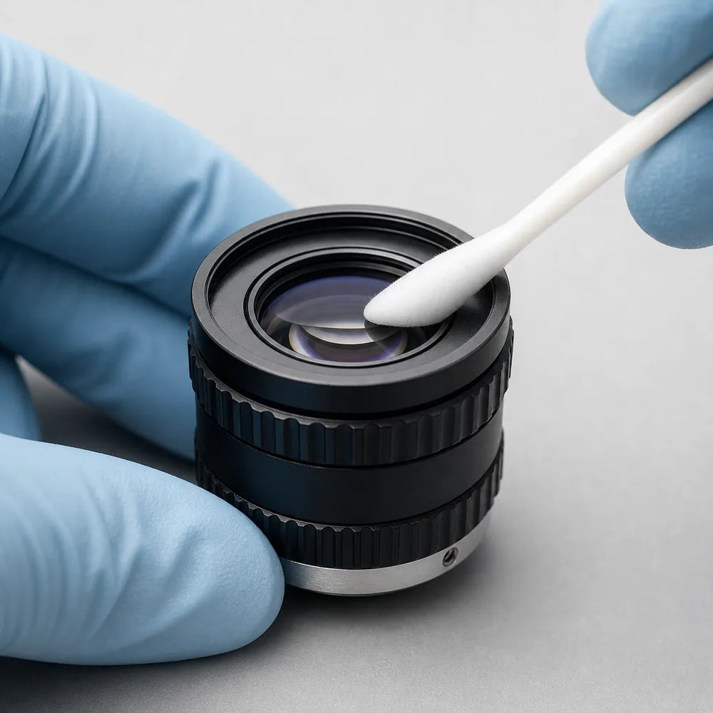 A lint-free swab dampened with solvent sweeps across a C-mount lens front element