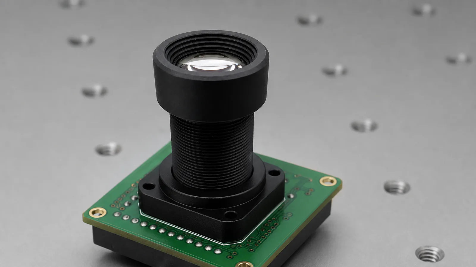 A Commonlands IR corrected M12 lens in a black anodized barrel on a camera board