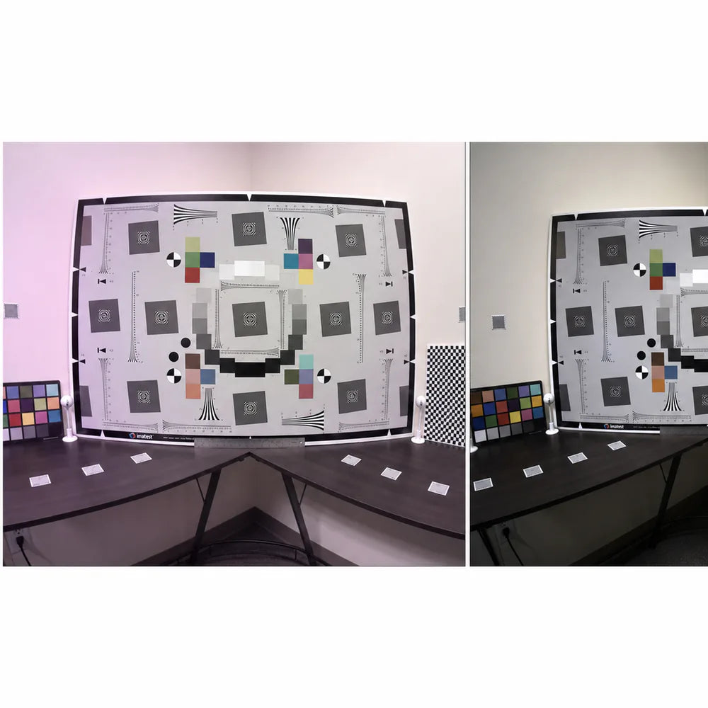Two frames of a white target, magenta corner tint on the left, neutral on the right