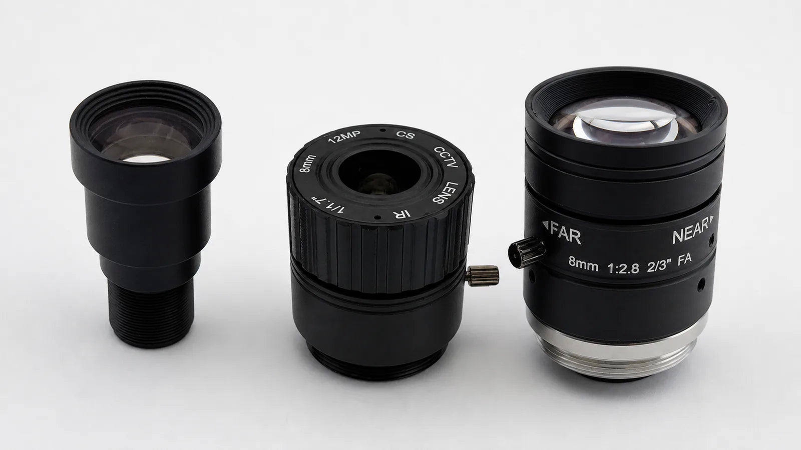 Three Commonlands machine vision lenses side by side: an M12 board lens, a CS-mount, and a C-mount