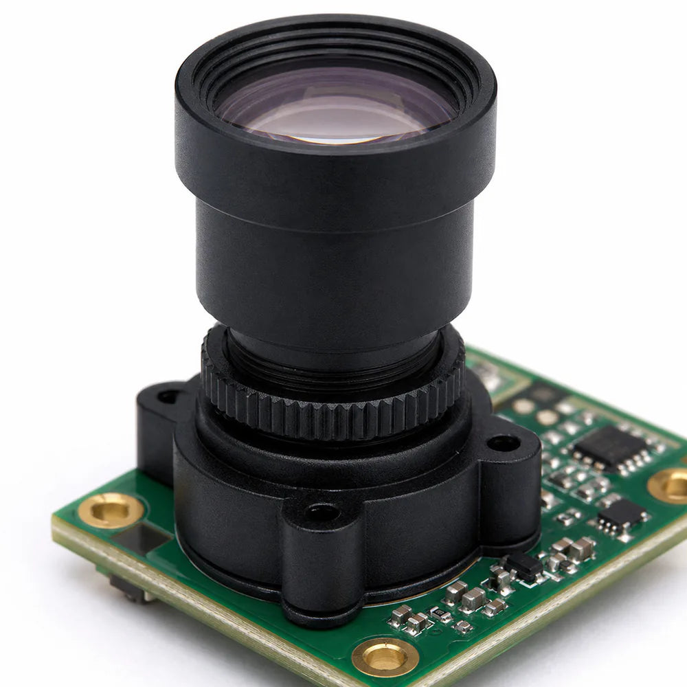 An M12 lens threaded into an aluminum holder with a focus lock ring
