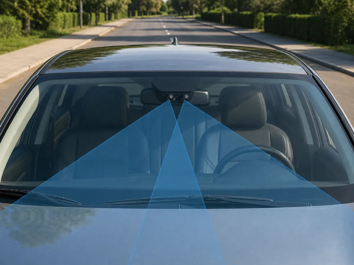 Commonlands fisheye M12 lens in a surround-view camera built into a car side mirror