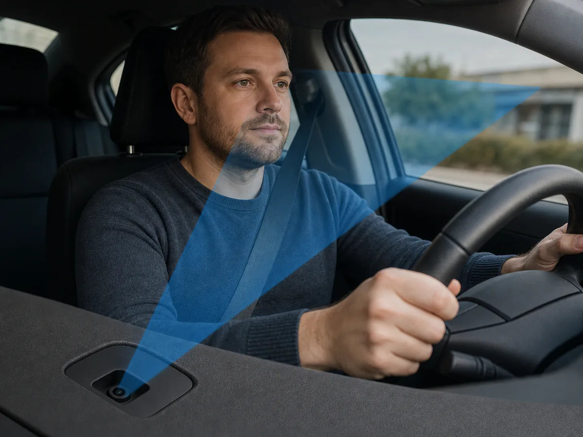 Commonlands NIR M12 lens in a driver-monitoring camera on the steering column with 940nm glow