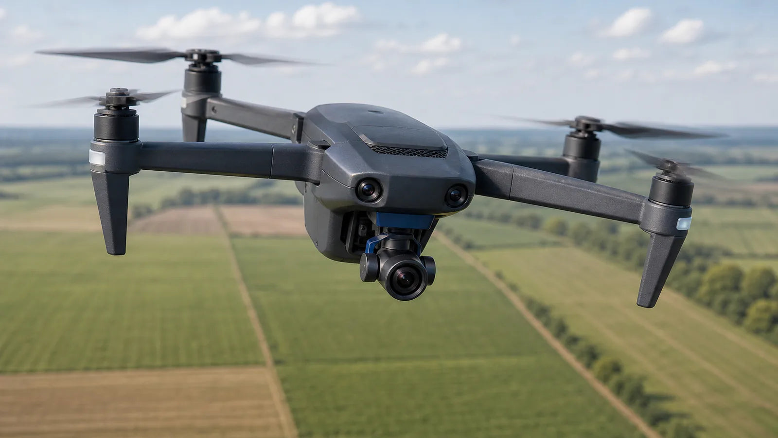 A quadcopter drone in flight carrying a gimbal camera with an M12 lens over farmland