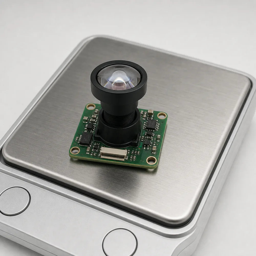 A lightweight drone camera board with an M12 lens resting beside a jeweler's scale