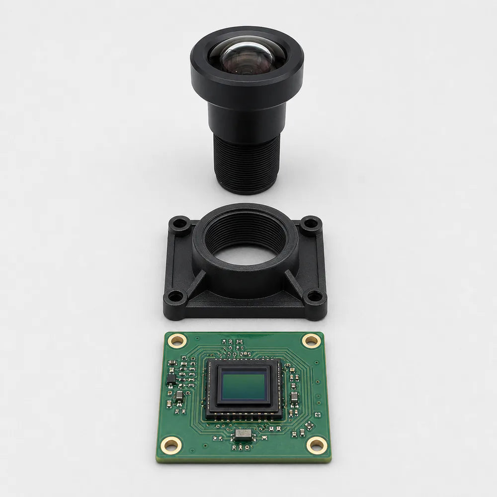 An exploded view of a CMOS sensor, an M12 holder, and an M12 lens