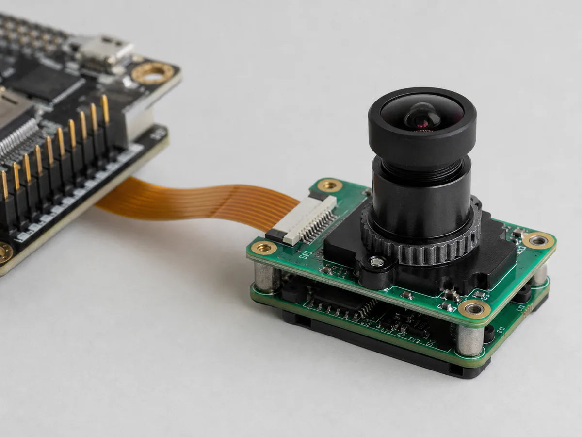Commonlands M12 lens in an aluminum holder over a compact sensor board with a ribbon cable