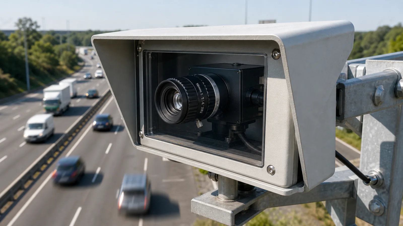 A weatherproof highway traffic camera fitted with a Commonlands telephoto C-mount lens