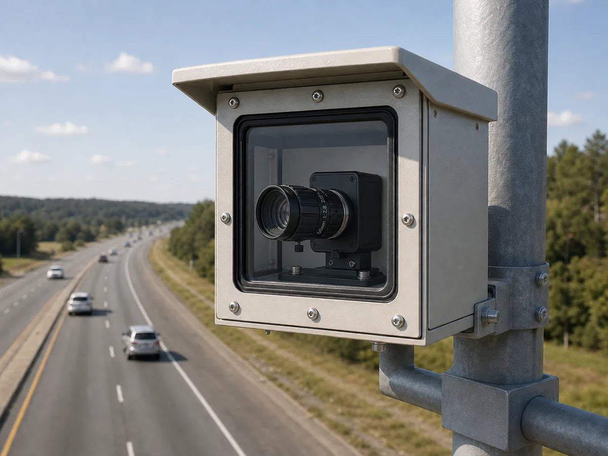 A pole-mounted ITS camera with a Commonlands lens framing a roadway capture zone