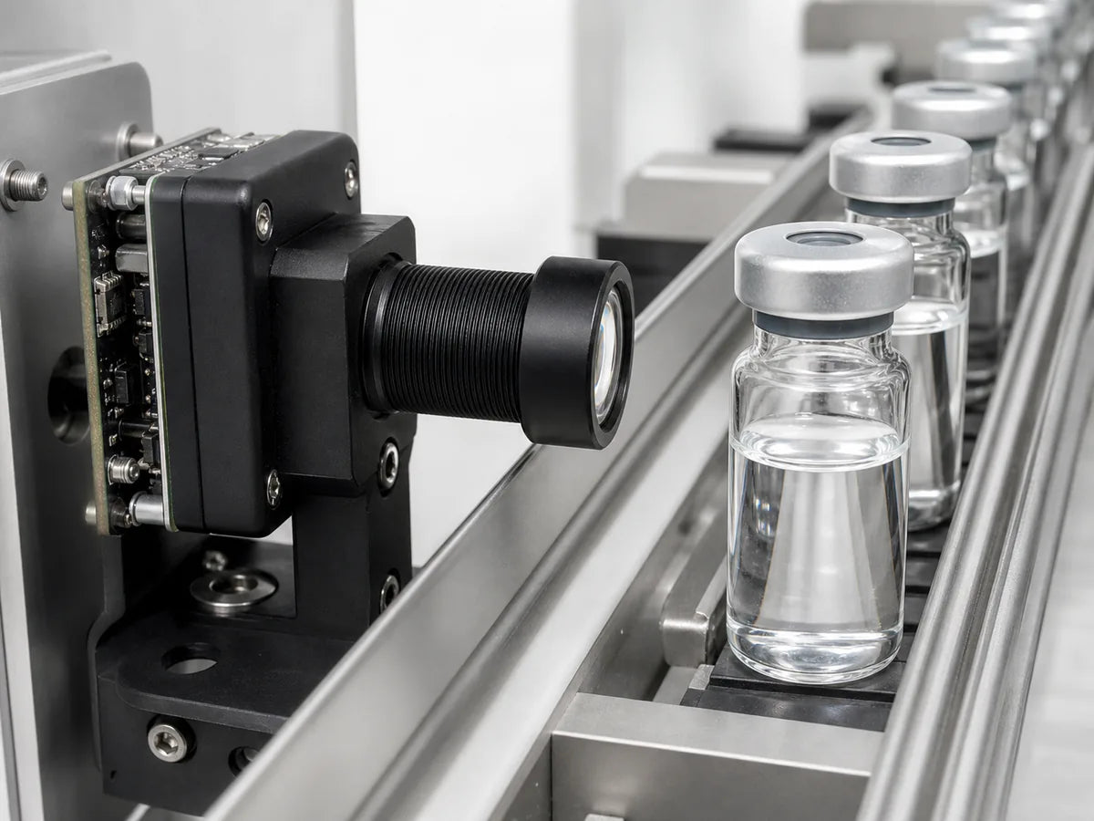 A compact Commonlands M12 camera module beside a slim endoscope-style medical instrument