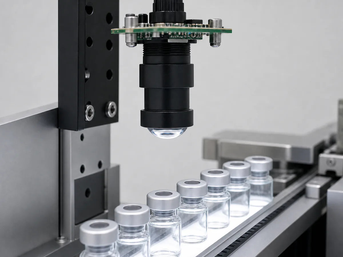 A board-level camera with a Commonlands M12 lens inspecting rows of clear medical vials and tubing