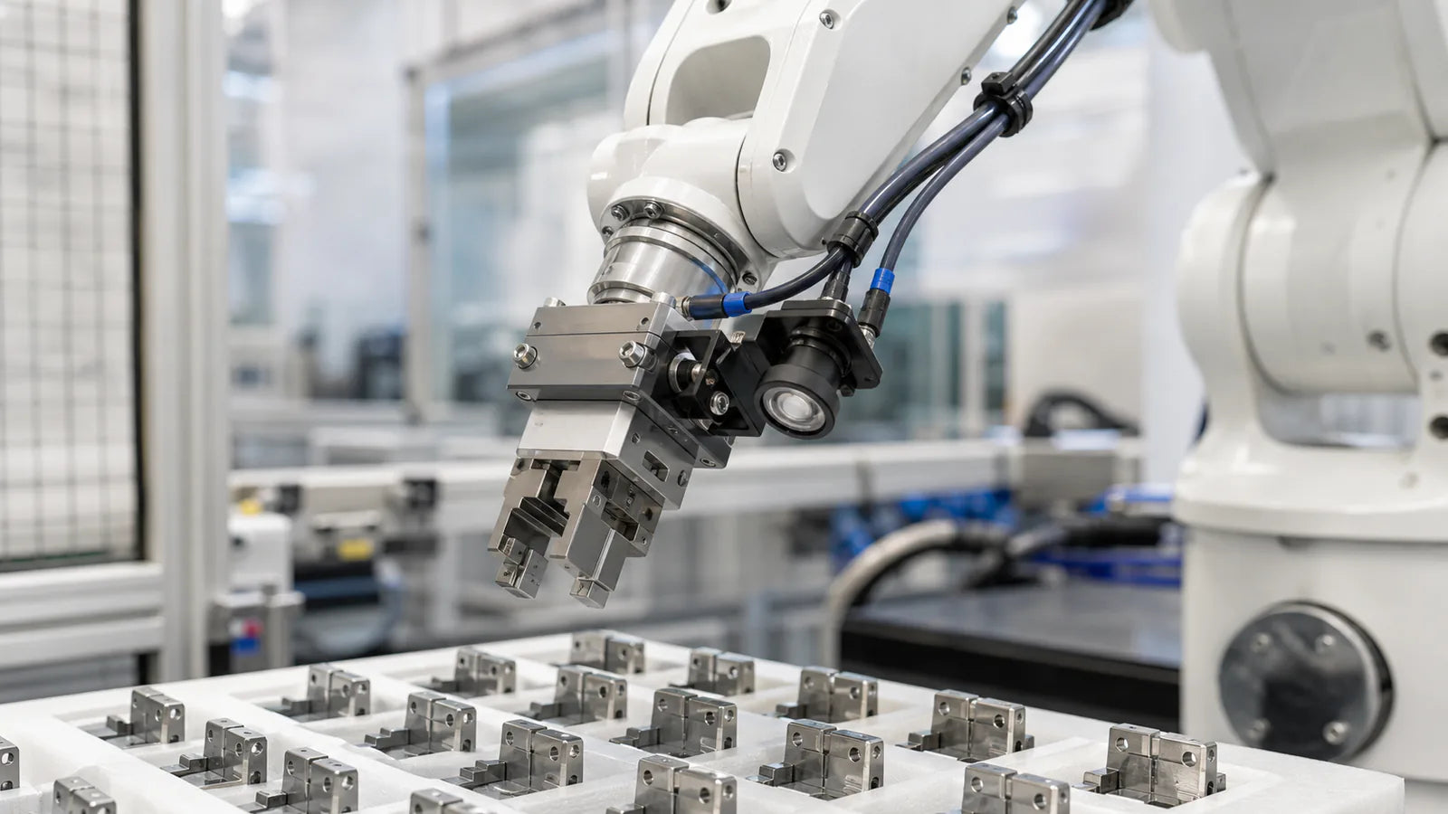 An industrial robot arm with an M12 camera on its end-effector picking a part