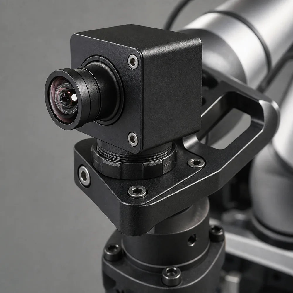 An all-metal M12 lens bolted into a camera on robot end-of-arm tooling