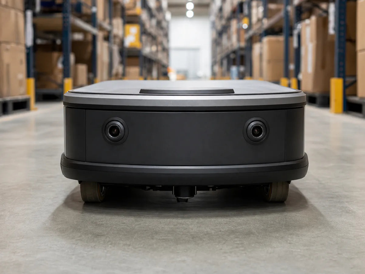 An autonomous mobile robot with two wide-angle M12 cameras for stereo depth and navigation