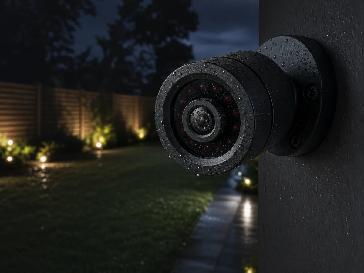 A bullet camera ringed with near-infrared LEDs around its M12 lens imaging a dark yard
