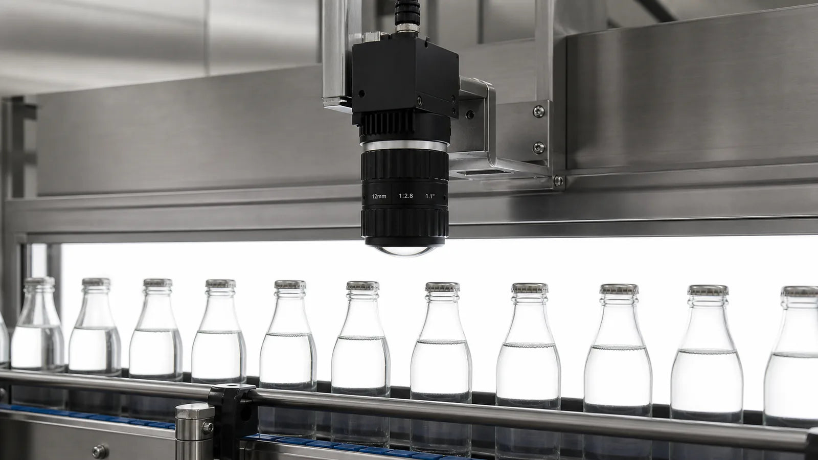A Commonlands C-mount machine vision lens inspecting backlit glass bottles on a conveyor