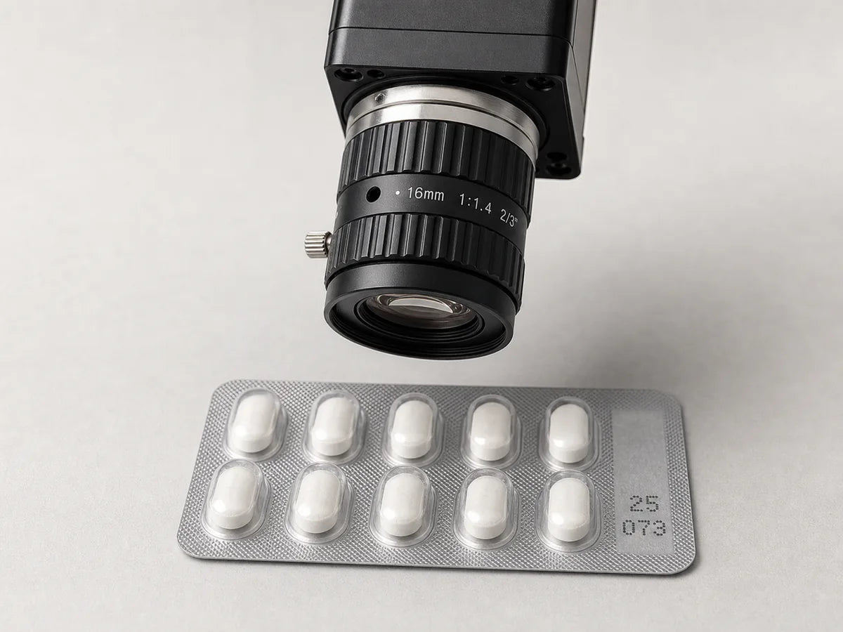 A Commonlands C-mount lens imaging a pharmaceutical blister pack and its printed lot code