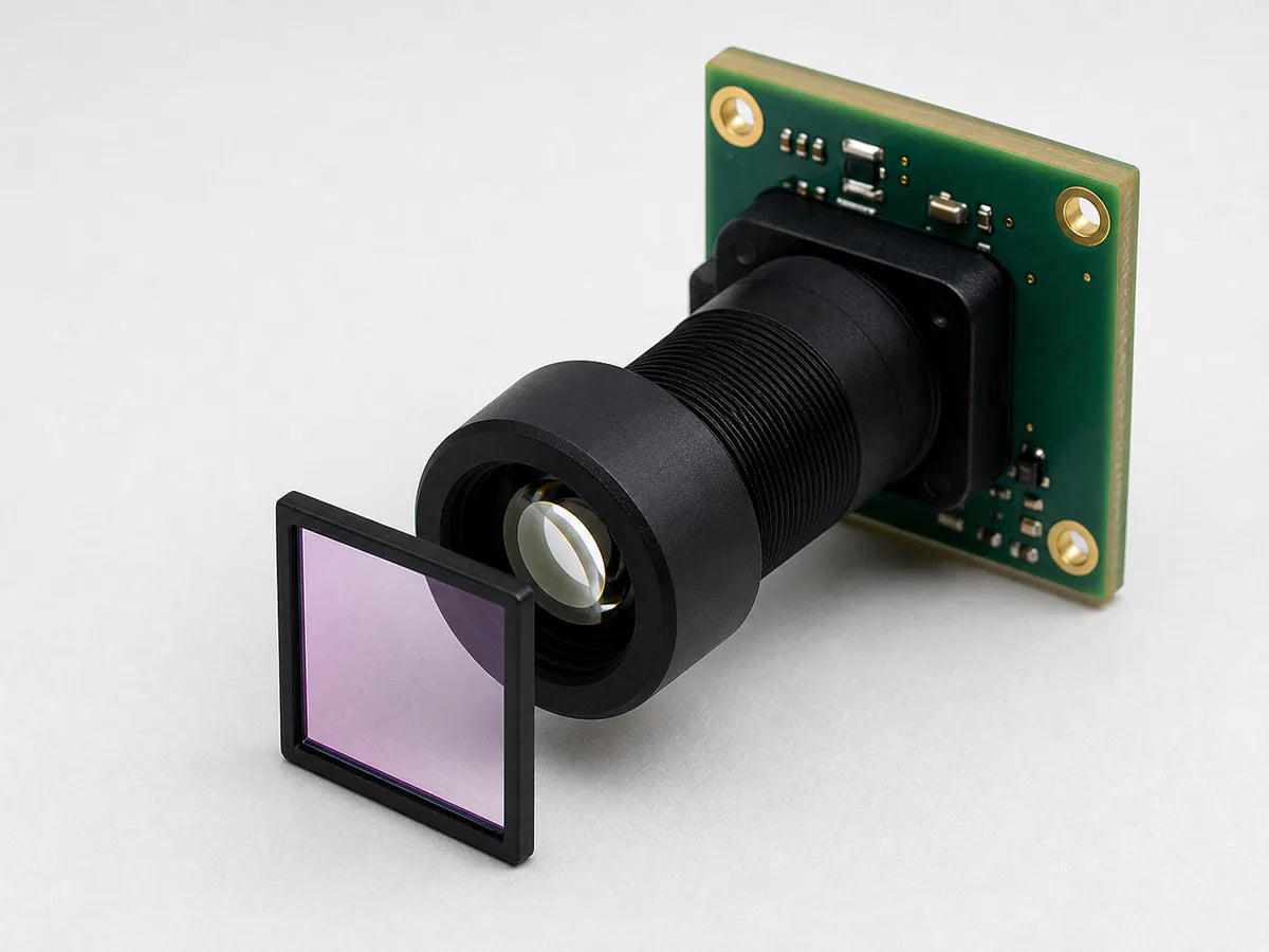 A square Commonlands NIR bandpass filter mounted in front of an M12 lens on a camera board
