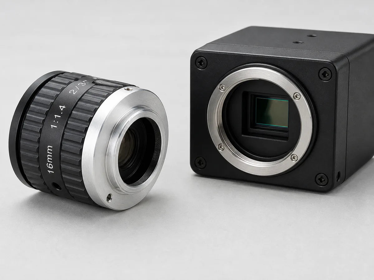 A detached Commonlands C-mount lens showing its 1-inch 32-TPI male thread and rear flange