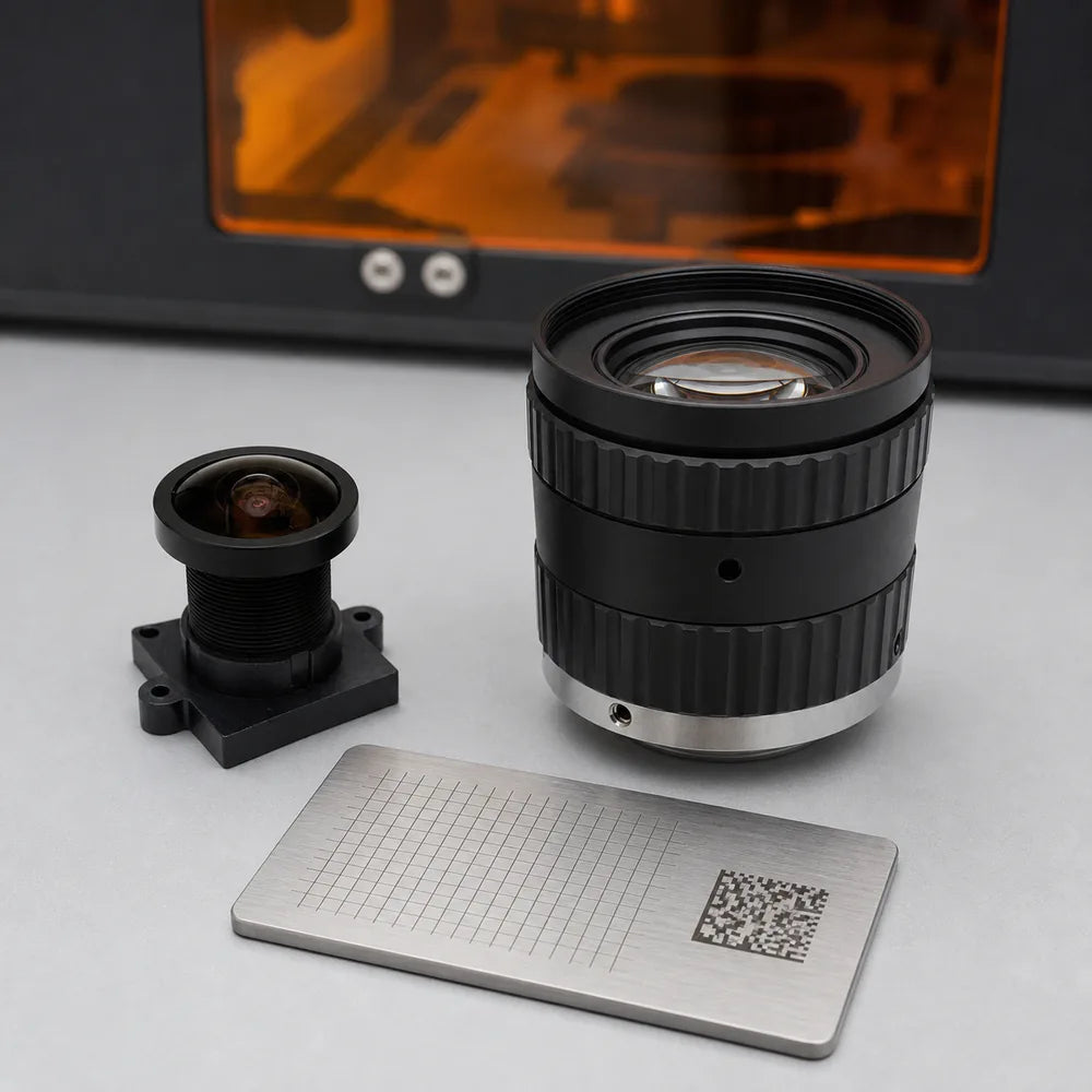 Commonlands M12 and C-mount camera lenses beside a laser marking station