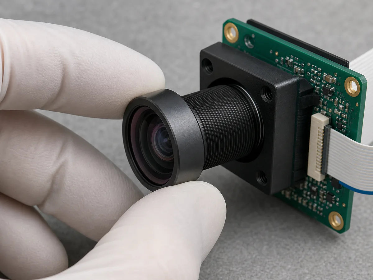 Gloved hands threading an M12 lens into a holder above a bare CMOS sensor