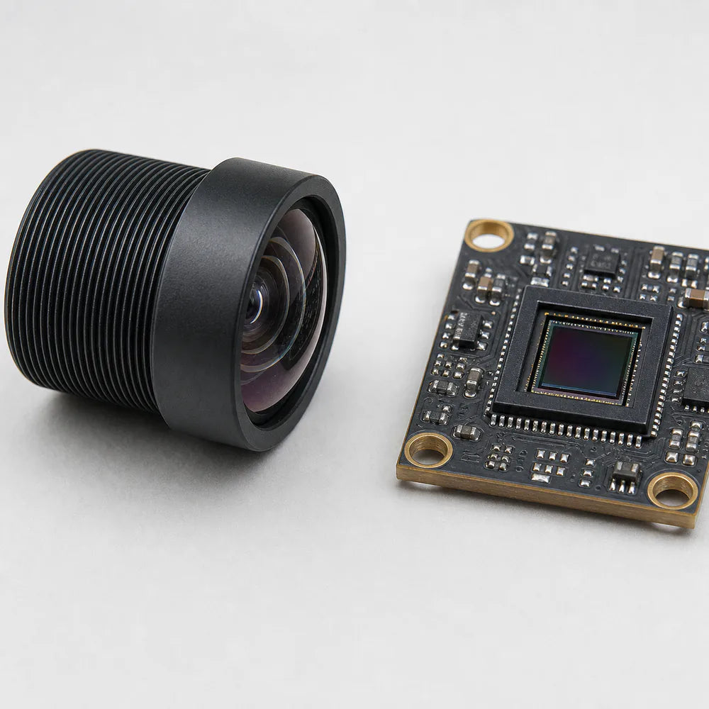 An extreme macro of an M12x0.5 threaded barrel next to a bare camera sensor