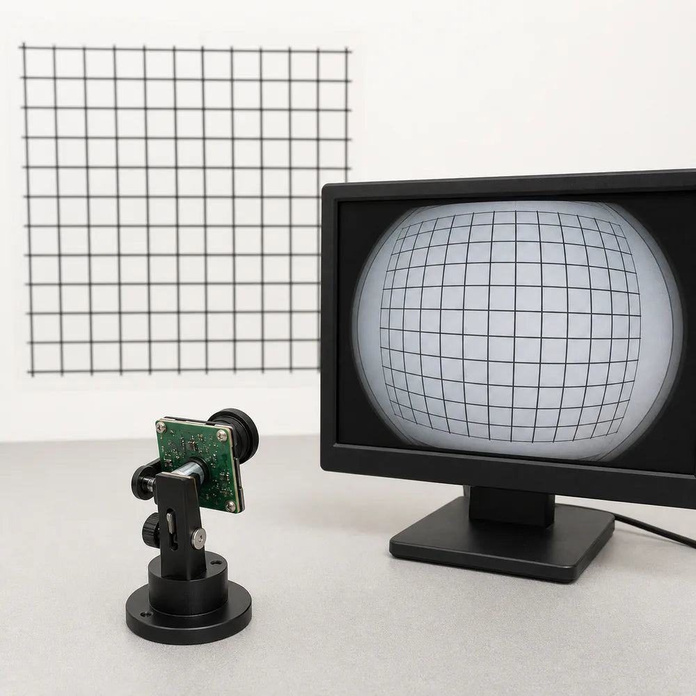 Commonlands fisheye M12 lens imaging a straight-line grid that bows outward with barrel curvature